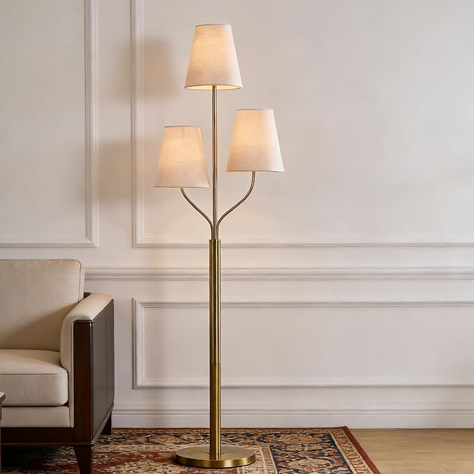 Maxax 3 Lights Brass Gold Floor Lamp for Living Room, Modern 65" Tall Standing Tree Lamp with 3 White Shade for Bedroom Office