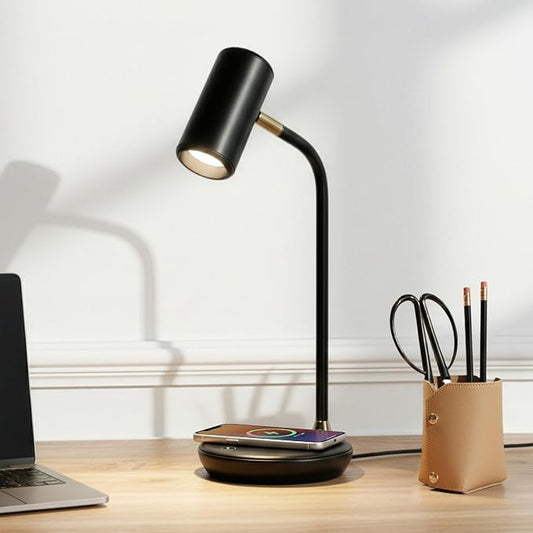 Brightech Ezra Office Desk Lamp – Wireless Charging Pad and Temperature Changing Light Options – Living Room Table Lamp for Mid-Century, Art Deco, Contemporary Décor - Black