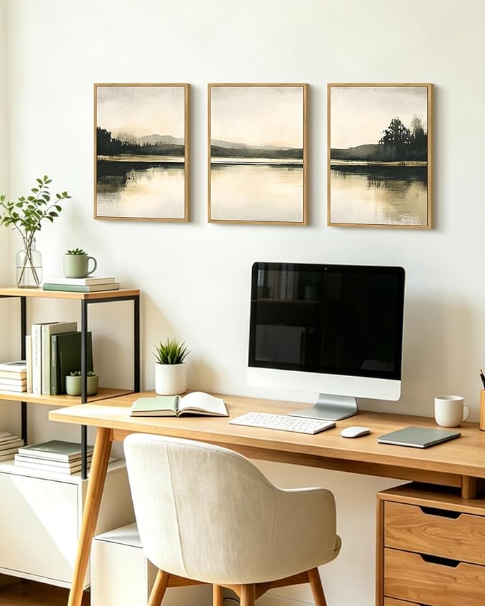KUVIOKE Watercolor Abstract Mountain Lake Framed Wall Art Brown Landscape Nature Wilderness Painting Nordic Neutral Tan Illustration Decorative Home Decor 12x16in (Natural Framed)