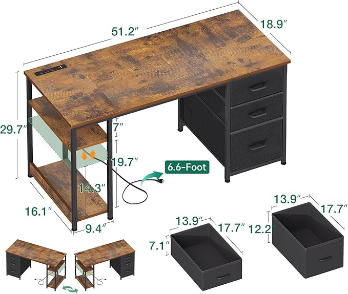 AODK 51 Inch Computer Desk with Drawers & USB Power Outlets, Reversible Home Office Desk with Storage Shelves, Work from Home, Modern Work/Writing/Study Table for Bedroom, Vintage