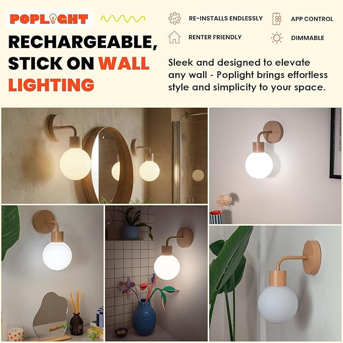 Wireless Wall Sconce (Shark Tank) Rechargeable & Dimmable LED Light w/App Control & Damage-Free Install, Moveable Modern Ambient Lighting for Elegant Home & Bedroom Decor | Mushroom