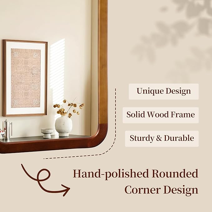 Bathroom Mirror 24 x 36 Inch,Brown Wood Rustic Rectangle Tempered Wall Mirror with Wood Frame,Round Corner Farmhouse Wooden Vanity Mirror for Living Room,Entryway or Bedroom（Walnut Brown）