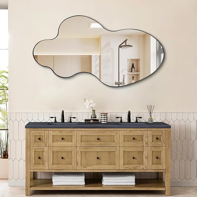 Asymmetrical Wall Mirror, 46.5"x24" Irregular Shaped Mirrors with Black Metal Frame, Modern Abstract Decorative Mirrors for Living Room Bathroom Bedroom Hallway Entryway Fireplace