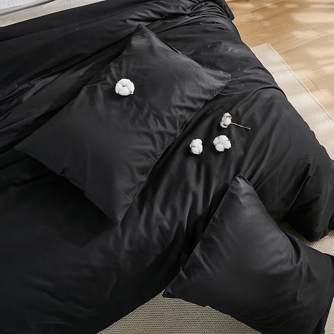 100% Washed Cotton Duvet Cover King Size – Solid Black, Linen-Like Texture, Super Soft & Breathable Bedding Set, 3-Piece Durable Percale Comforter Cover