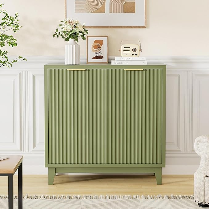 Fluted Cabinet with Storage, 2 Doors Sideboard Buffet, Mid Century Modern Accent Cabinet with Adjustable Shelves, Multifunctional Console Table with Storage for Living Room, Kitchen, Entryway, Green