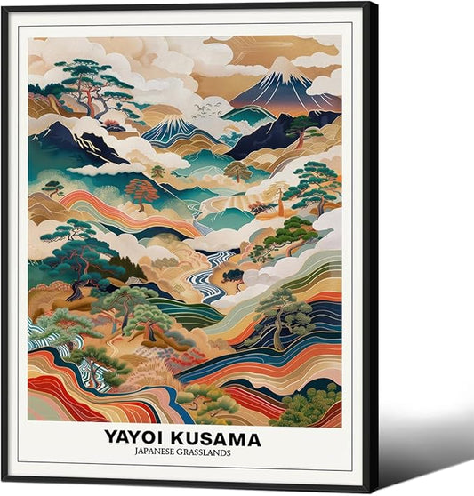 Vintage Yayoi Kusama Grasslands Posters Japanese Wall Art Yayoi Kusama Abstract Landscape Canvas Print for Stylish Room Bedroom Living Room Gallery Decor 12x16in Black Framed