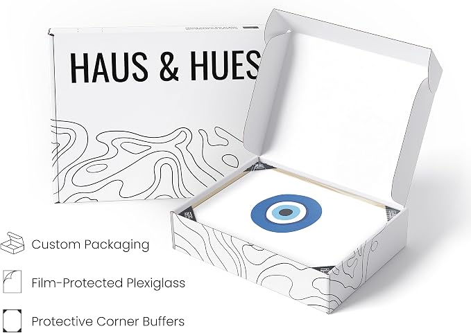 HAUS AND HUES Evil Eye Decor - Navy Blue Wall Art, Evil Eye Wall Decor, Mykonos Artwork, Evil Eyes Print, Big Eyes Painting Print, Evil Eye Poster for Wall Art Aesthetic (Beige Frame, 24x36)