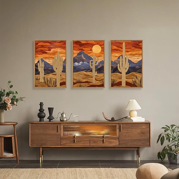 HPNIUB Mountains Desert Framed Canvas Wall Art Set, Abstract Sun Art Prints, Modern Cactus Paintings Artwork, Mid Century Southwestern Landscape Wall Decor for Living Room, Bedroom, Office-16 x24 x3