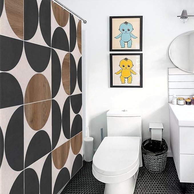 Mid Century Circle Patterned Shower Curtains Modern Black Brown Wood Board Texture Washable Waterproof Fabric for Bathroom Decor Bathtub with 12 Hooks 66x72in（168x183cm）
