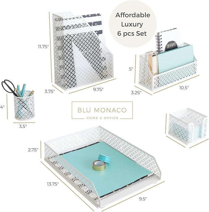 BLU MONACO | White Desk Organizer Set 6 Piece | Mail Sorter Organizer Countertop with Letter Sorter for Desk | Standing File Organizer for Desk with Pen Holders
