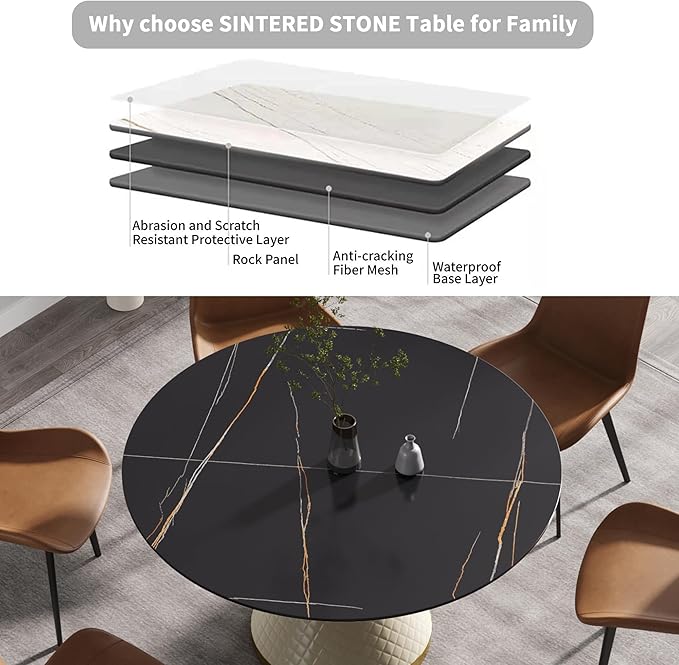 53.15" Round Dining Table, Mid Century Modern Dining Table with PU Base for 6-8 Person, Dining Room Table for Dining Room Kitchen,Living Room, Restaurant, Black