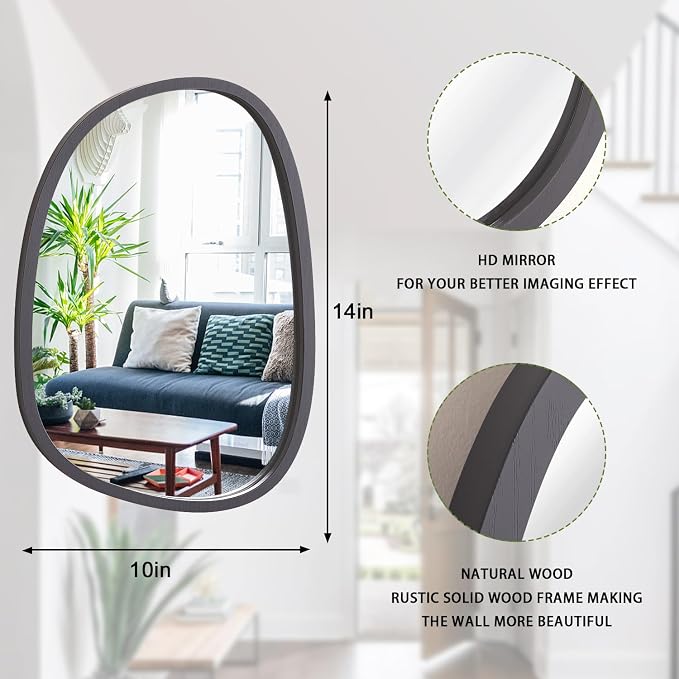 Gery Mirrors for Wall Asymmetrical Wood Frame Oval Hanging Mirror Unique Irregular Modern Mirror for Entryway Hallway Living Room Bedroom Vanity Decorative Artistic Wall Mirror