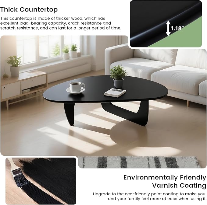 Solid Wooden Modern Triangle Coffee Table: Unique Funky Coffee Tables for Living Room, Oval Mid-Century Irregular Abstract Tea Tables for Patio Office Balcony Bedroom (Black, 50" L x 31" W x 16" H)
