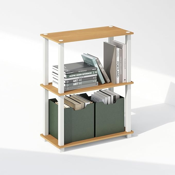 Furinno Turn-S-Tube Book Shelf, 3-Tier Bookshelf, Multipurpose Bookcase with Square Tube, 11.6 x 23.6 x 29.6, for Living Room, Bedroom, Home Office, Beech/White