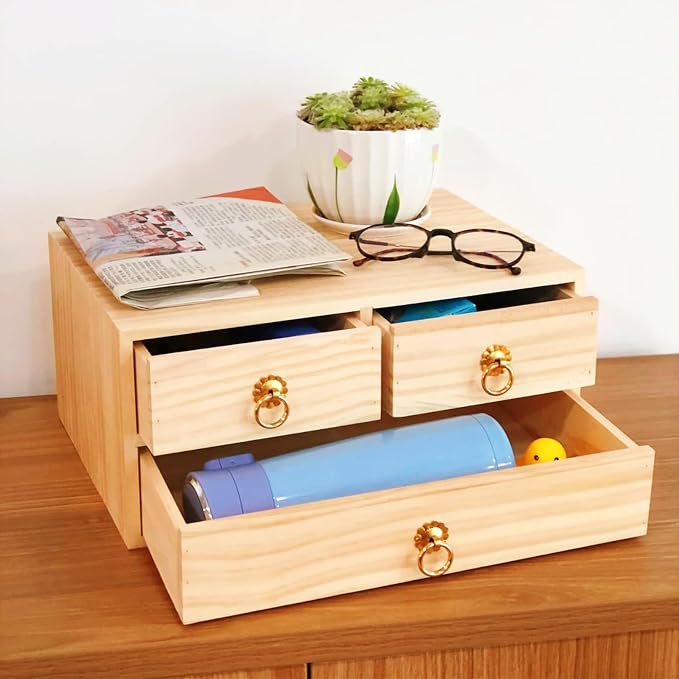 2 Layer Desk Organizer Wooden Desktop Organizer Tabletop Storage Organization Box Natural Wood Counter Drawer with Metal Handle 3 Drawer for Desk Accessories Home Office Counter Craft Decor