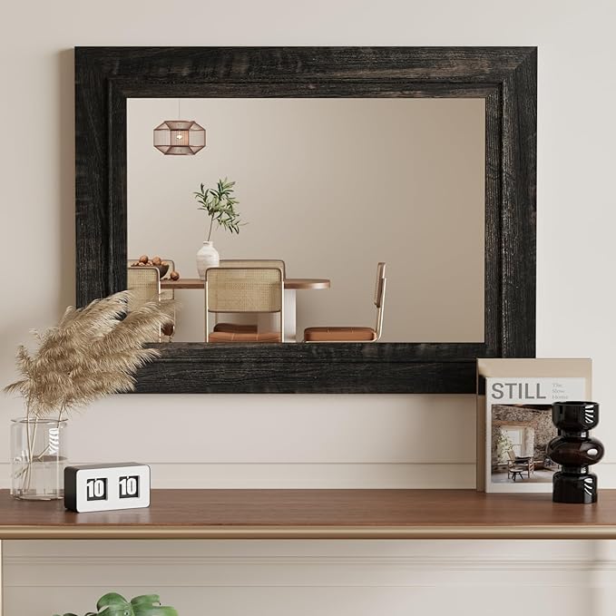 Rustic Wall-Mounted Vanity Mirror, Solid Wood Frame Bathroom Mirror, Farmhouse Style for Living Room, Bedroom, Entryway, Horizontal/Vertical Hanging