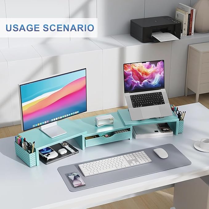 gianotter Dual Monitor Stand Riser, Desk Organizer With Drawer and 2 Pen Holders, Monitor Stand for Desk, Office Decor Essentials (Blue)