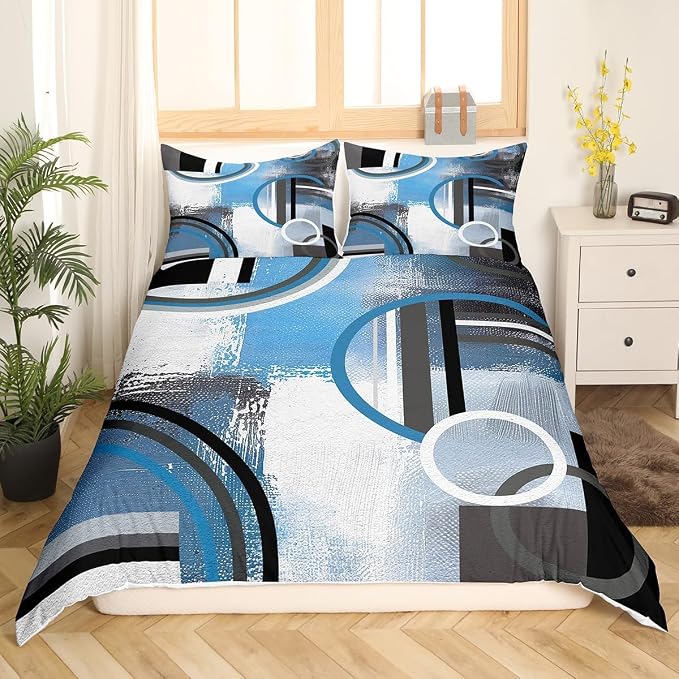 Erosebridal Navy Blue Black Grey Duvet Cover Full,Ombre Geometric Comforter Cover,Oil Painting Bedding Set,Grunge Circles Swirls Quilt Cover,Modern Abstract Artwork Bedspread Cover with Zipper,3Pcs