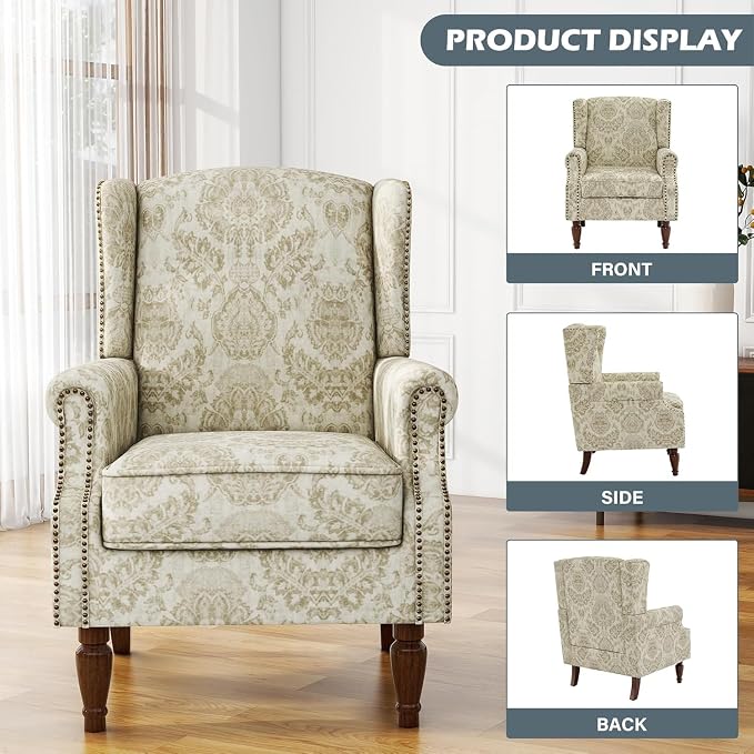 High Back Accent Chairs Set of 2, Fabric Wingback Chair Floral Upholstered Armchair for Living Room - White