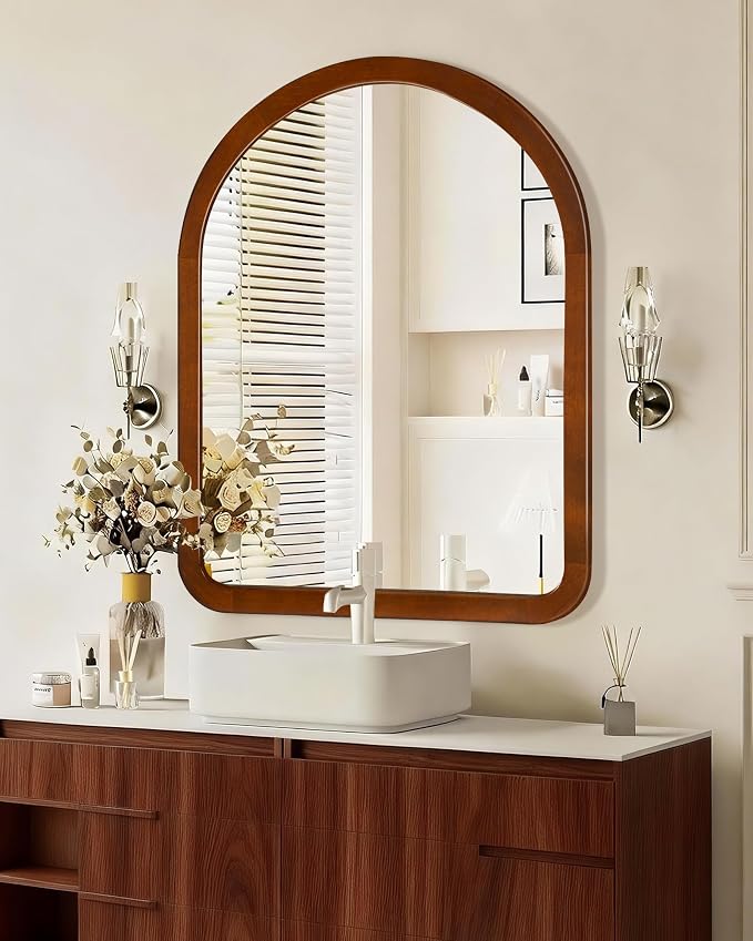 Arched Mirror 30 x 40 Inch,Walnut Brown Wood Rustic Bathroom Tempered Wall Mirror with Wood Frame,Round Corner Arch Farmhouse Wooden Vanity Mirror for Living Room,Entryway or Bedroom