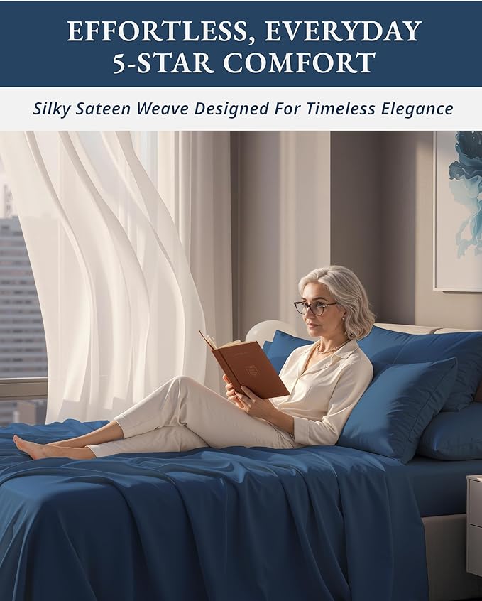 Lane Linen 100% Egyptian Cotton Sheets King Size - Naturally Breathable & Durable Winter Comfort King Bed Sheets, Ultra-Soft Hotel Luxury Comfort with 15" Deep Pocket, Silky Sateen Weave - Estate Blue