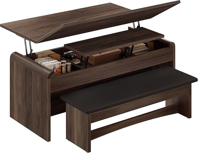 Coffee Table Lift Top, 40'' Multi-Function Coffee Table Set with Bench & Hidden Compartment, Center Table w/Curved Corner, Converts to Home Office Table, Dining Table for Living Room, Walnut