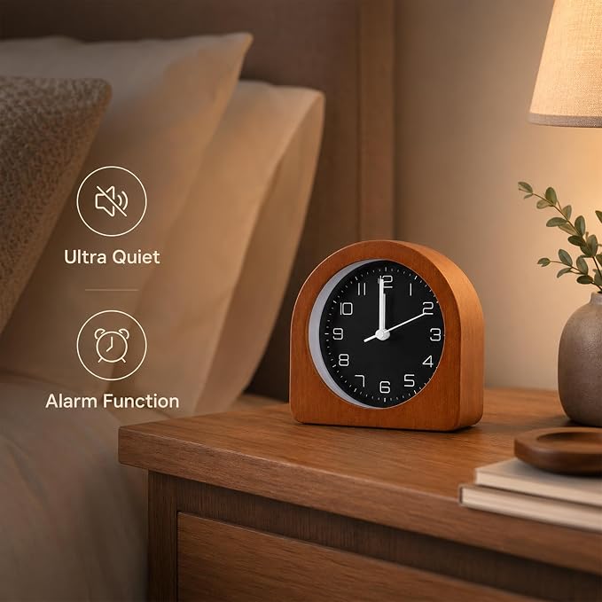 Analog Alarm Clock 5" Silent Non-Ticking Small Solid Wood Desk Clocks Battery Operated Simple Style Retro Table Clock for Office/Bedroom/Kitchen/School/Bedside/Shelf (Dark Wood, Arch)