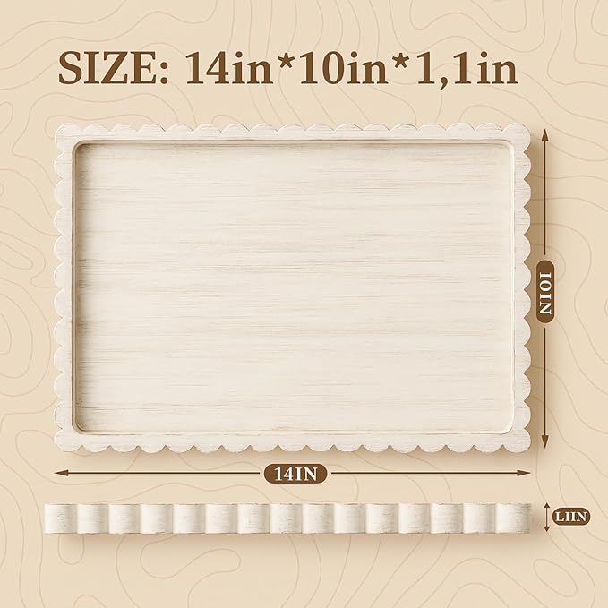 Lounsweer Wood Decorative Tray for Home Decor, 14'' x 10'' Wooden Serving Tray for Coffee Table Centerpiece Dining Kitchen Island Decoration Bathroom Counter Display (White Color,Pine)