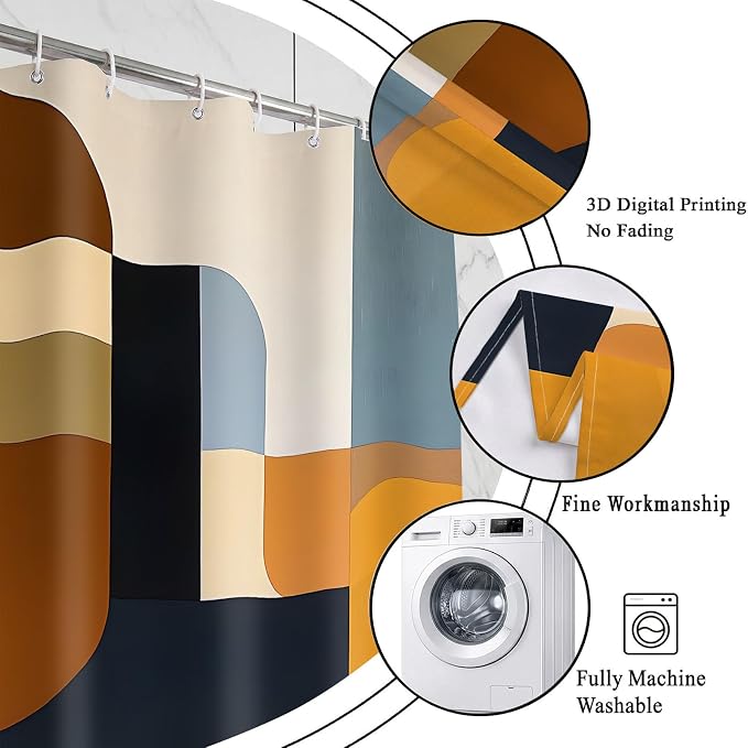 Brown Mid Century Shower Curtain, Abstract Geometric Modern Pattern, Navy Blue and Yellow Boho Bathroom Decor, Retro Art Waterproof Fabric Bath with Hooks, 84x70 Inch