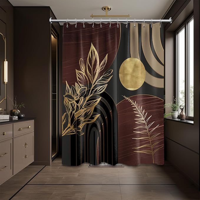 Dark Brown and Black Shower Curtain Boho Mid Century Gold and Brown Shower Curtains for Bathroom Decor, Waterproof Cloth Fabric with Hooks, 70" W x 84" L