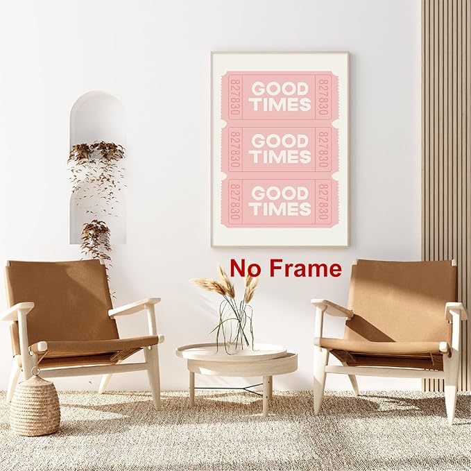 Good Times Ticket Wall Art Pink Retro Poster Bar Cart Prints Pink White Painting Pink Trendy Pictures Ticket Poster Beige Modern Wall Art Preppy Aesthetic Paintings for Living Room 16x24in Frameless