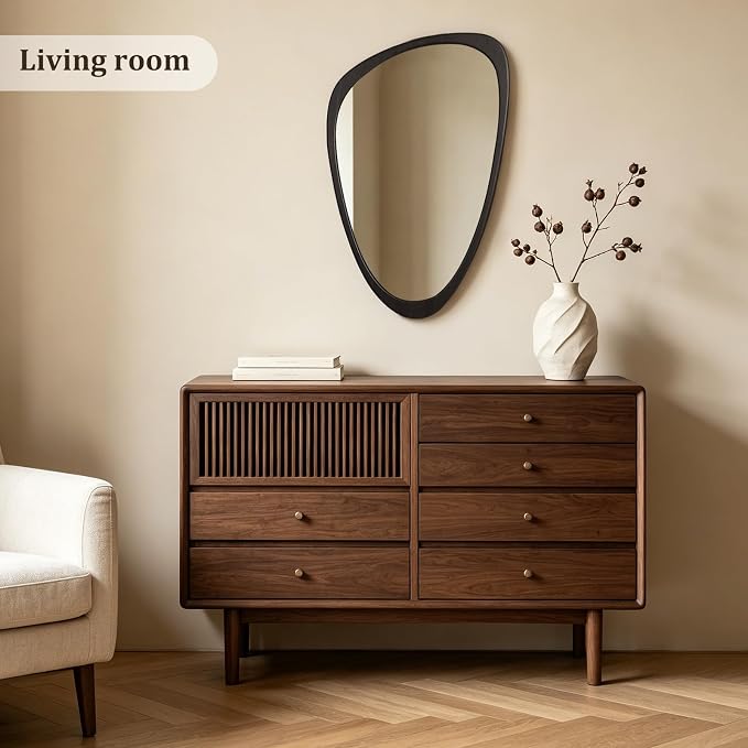 HOMECOOKIN 30" H x 19" W Asymmetrical Mirror, Irregular Wooden Wall Mirror for Bedroom, Living Room,Entryway– Mid-Century Modern Decorative Mirror, Solid Wood Frame, Pebble Shaped Design (Dark Brown)