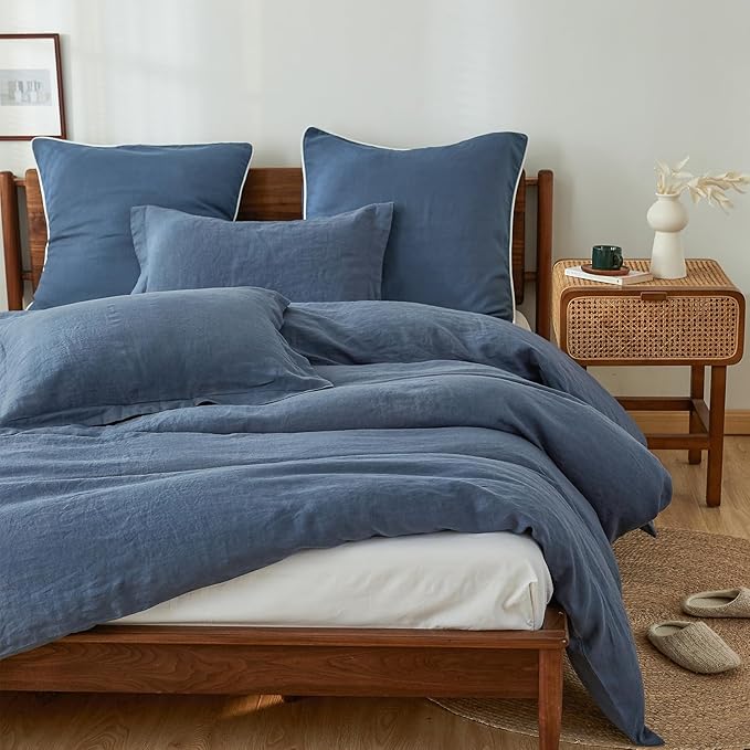Simple&Opulence 100% Linen Duvet Cover Set, 3 PCS Classic Blue Duvet Cover King Size, Breathable Soft Comfy Linen Bedding Comforter Cover with 2 Pillowcases(Classic Blue, 104"x92")