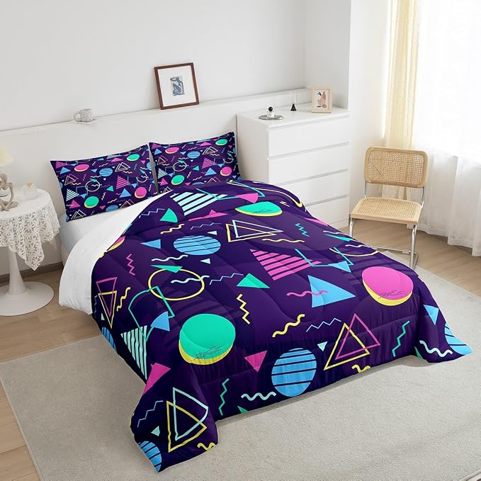 Manfei Memphis Comforter Set Queen Size, Retro 80s or 90s Fashion Style Bedding Set 3pcs for Kids Boys Girls, Geometric Triangle Circle Quilt Set Soft Polyester Duvet Set with 2 Pillowcases