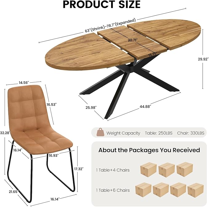 63"-78.7" Extendable Round Dining Table Set for 4, 5 Piece Mid Century Modern Oval Kitchen Table Set, Large Dining Table with 4 Dining Chairs for Living Room Space Saving（Walnut Table+4 Brown Chairs)