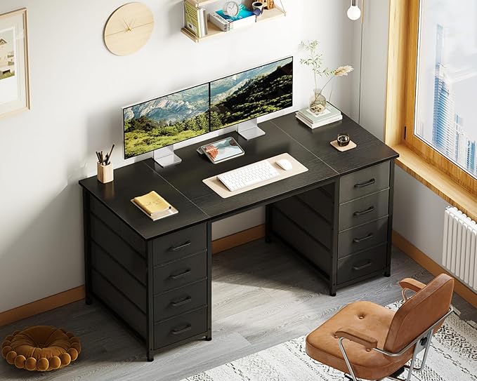 ODK 48 Inch Computer Desk with 8 Fabric Drawers, Modern Office Desk with Large Storage for Home Office, Study, Gaming, Black