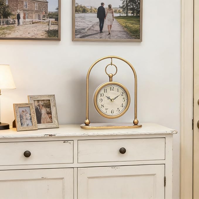 Vintage Small Gold Table Clock, Farmhouse Table Clock, Silent Non-Ticking Battery Operated Desk and Shelf Clocks for Living Room Bedroom Kitchen Home Decor