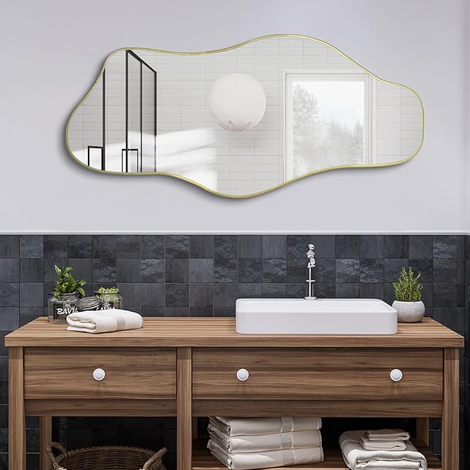Irregular Mirror, 51.1"x23.6" Asymmetrical Frameless Mirrors, Large Gold Abstract Wall Mirrors, Modern Unique Shaped Mirror for Living Room Bathroom Bedroom Hallway Entryway