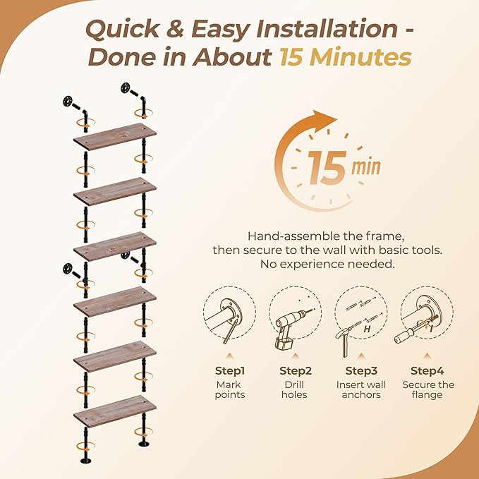 Pipe Industrial Shelves, Wall Mounted Wood Metal Ladder Rustic Bookshelf (Weathered Brown, 6 Tier - 10" D x 30" W x 82.5" H)