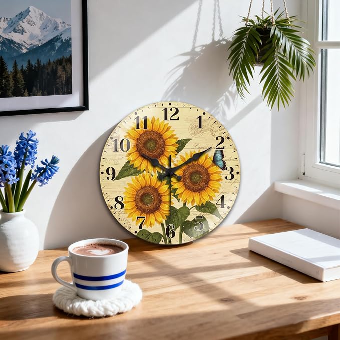 peacoblue Wall Clocks Battery Operated 12 Inch Sunflower Glass Round Wall Clock Non Ticking for Kitchen Living Room Dining Room Bedroom and Bathroom Decor Accessories (Battery not Included)