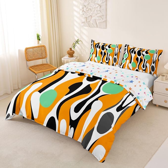 Erosebridal Organic Abstract Duvet Cover Set Modern Contemporary Girl Toddler Bedding Set for Child Boys Boho Mid Century Wavy Lines Comforter Cover Retro Geometric Bed Sets,Orange Green