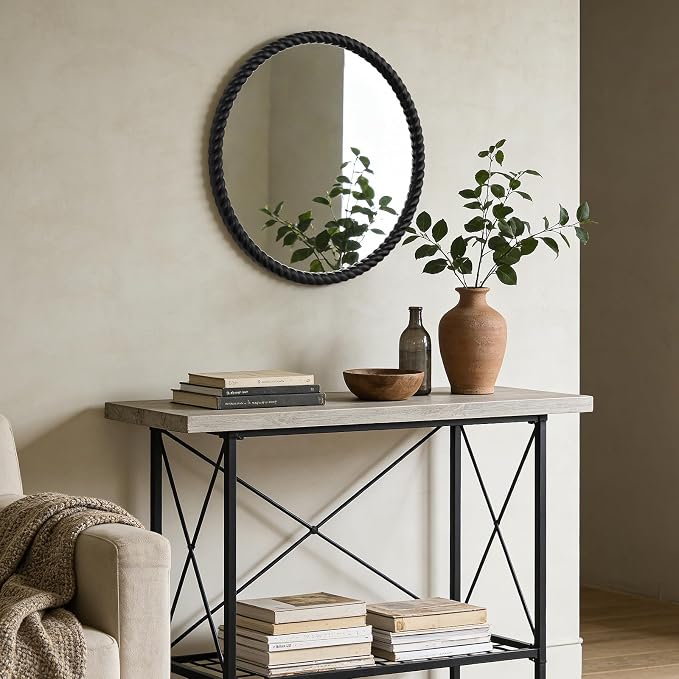 WallBeyond 30" Round Mirror with Rope-Design Frame, Large Circle Wall Mirror for Bathroom, Bedroom, Entryway & Living Room, Black