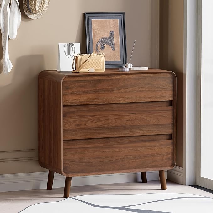 3 Drawer Dresser for Bedroom, Mid Century Modern Chests of Drawers, Curved Bedroom Dresser with Storage Drawer, Wooden Furniture for Living Room, Closet, Home Office,Walnut