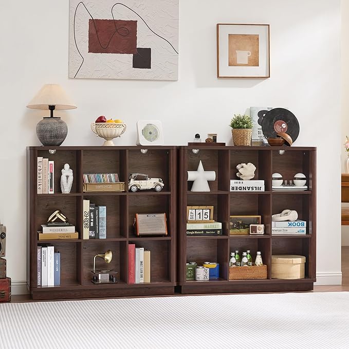 9 Cube Bookshelf, 41" Tall Organizer Bookcase with Curved Edge, Wood Floor Standing 3-Tier Cubby Book Shelf with Base, Vintage Display Storage Cabinet for Living Room, Home Office, Walnut