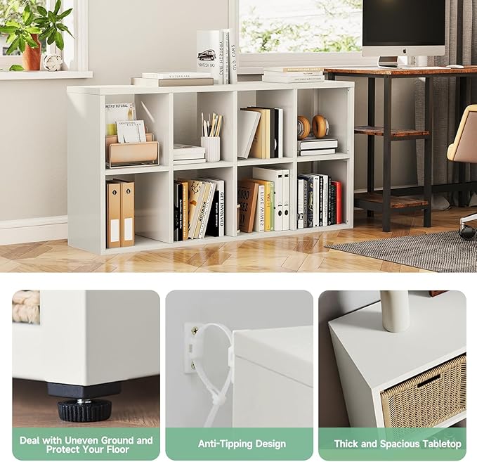 IRONMIX Metal 8 Cube Storage Organizer, White Short Bookshelf with Storage, Horizontal TV Stand, Modern Cube Storage Shelf Small Cube Bookshelf for Living Room, Office, Library, Study, Easy Assembly