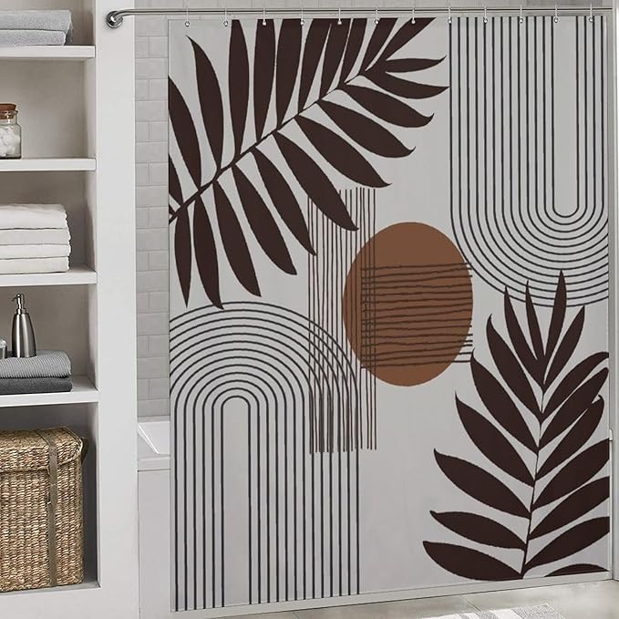 Mid Century Abstract Boho Shower Curtain Geometric Neutral Beige Modern Leaf Plant Semicircle Art Waterproof Shower Curtains for Bathroom Decor 12 Pack Hooks 72x72in (183x183cm)