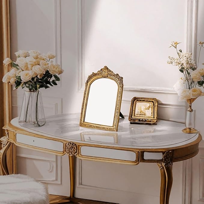 TenFuju 11” x 9.5” Small Gold Vintage Wall Mirror, Antique Gold Resin Baroque, Decorative Hanging & Tabletop