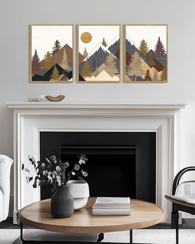 KUVIOKE Morden Boho Mountains Framed Canvas Wall Art Pine Tree Forest Nature Landscape Artwork Painting Bohemain Farmhouse Rustic Room Decor for Bedroom Living Room 12x16in (Natural Framed)
