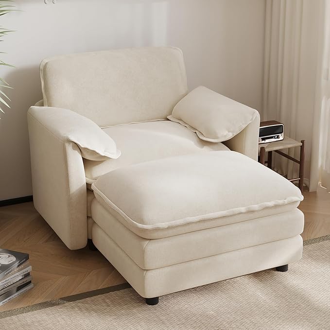 Oversized Chaise Lounge Chair Indoor with Ottoman, Firm Solid Wood Frame with Long Service Life Chenille Oversized Lounge Reading Chair for Study Room - Beige White