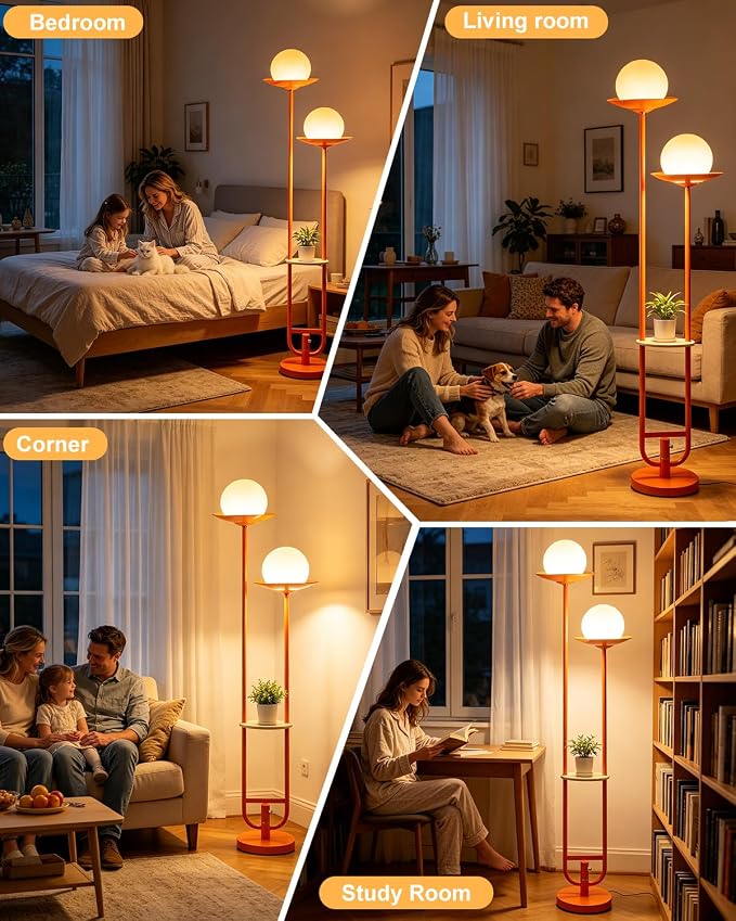 Orange Dimmable Double Globe Floor Lamp with Shelf, 63" 2-Light Mid Century Modern Standing Lamp for Living Room Bedroom, 3000K Warm White Tall Pole Lamp with Foot Switch for Home Office